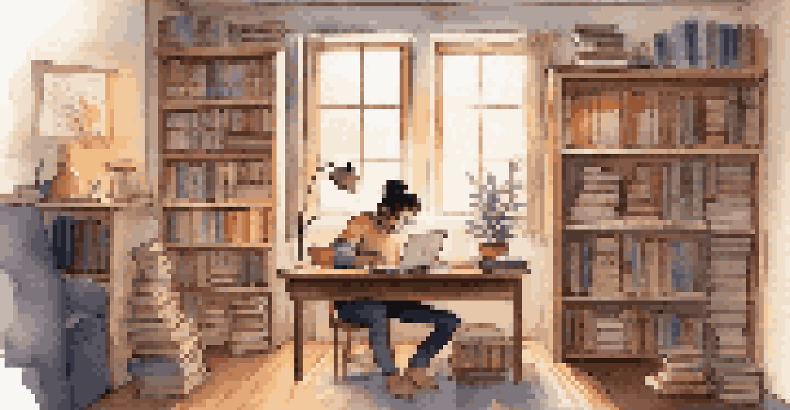 A student studying at home, taking notes while watching an online lecture, with a cozy atmosphere filled with books.