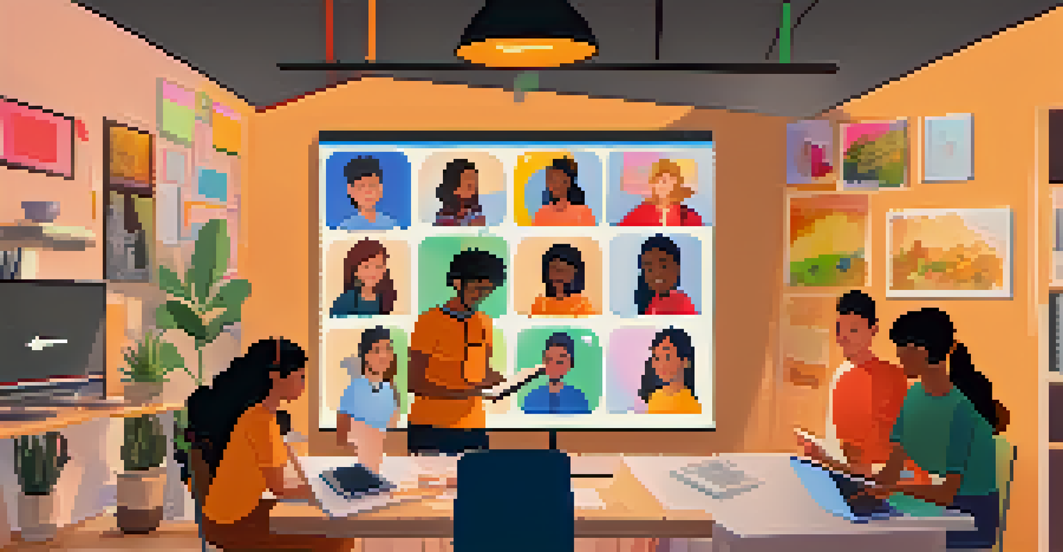 A video call with diverse students participating in online learning, surrounded by colorful graphics and interactive content.