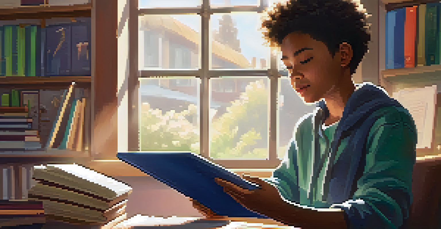 A student studying with a tablet in a cozy home study space filled with books and a globe, illuminated by sunlight from a window.