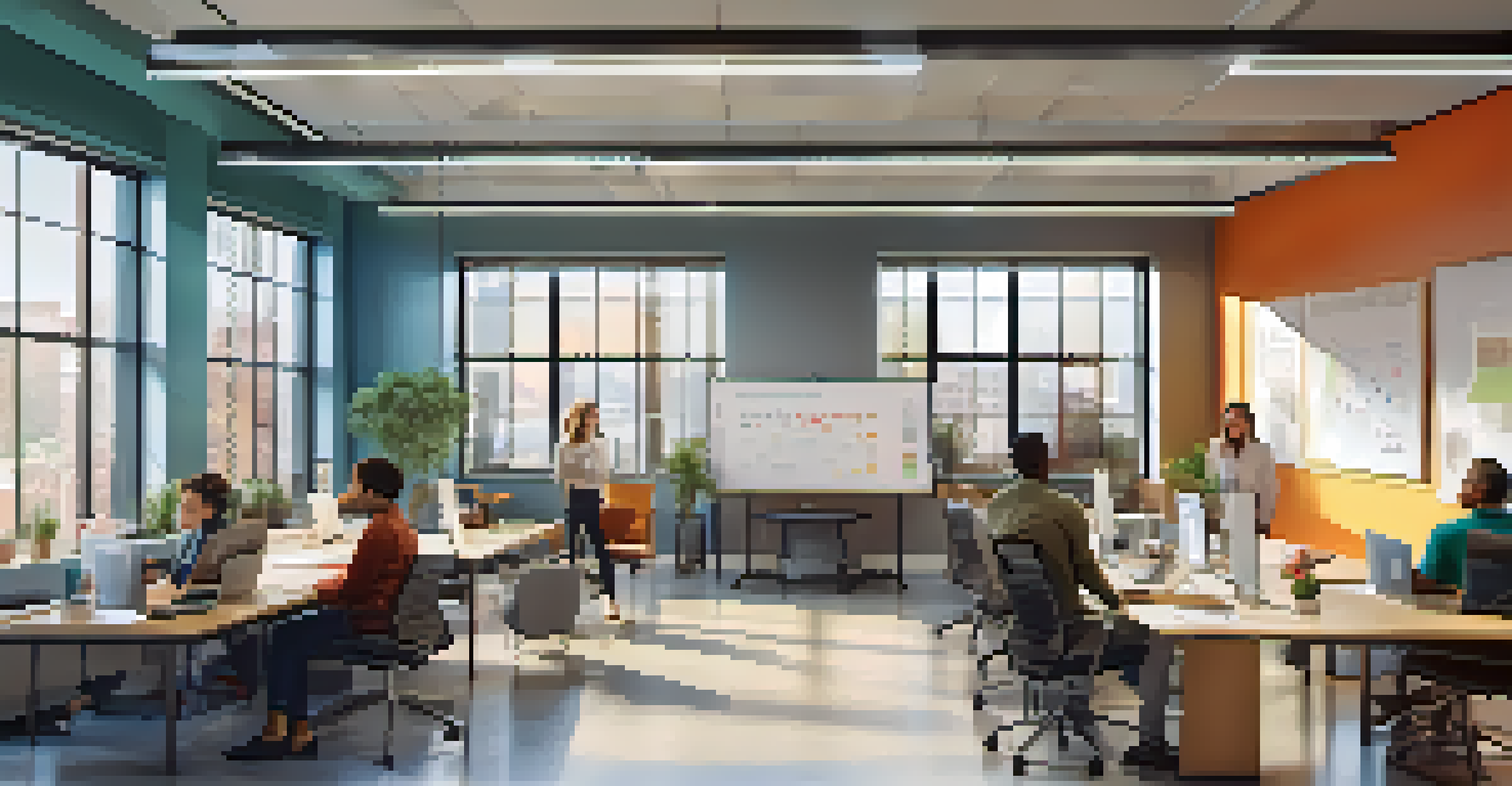 An open office space filled with collaborative tools and team members interacting in a relaxed environment, illuminated by natural light.