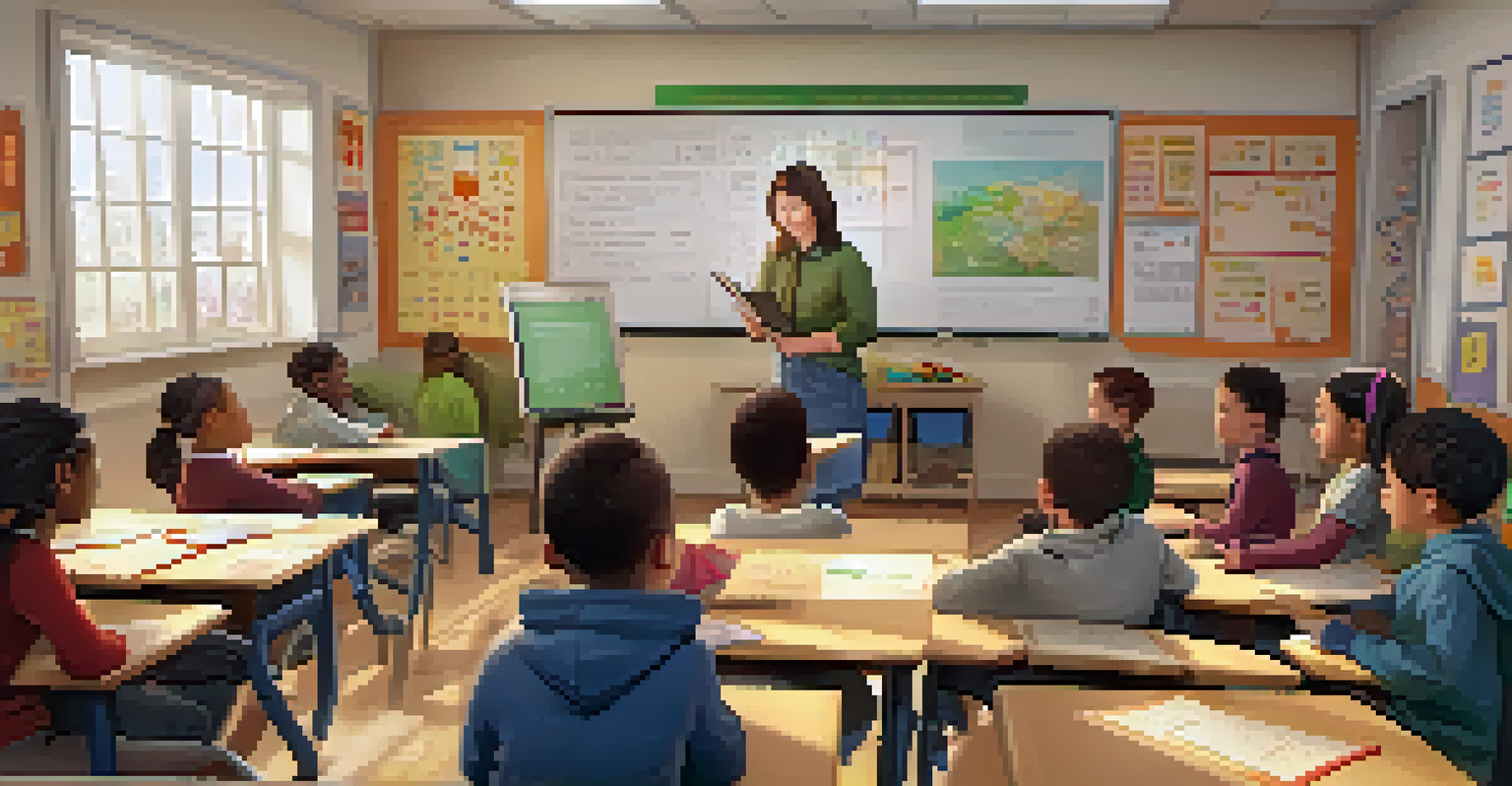 A classroom where a teacher assists students with math lessons using tablets in a warm and inviting environment.