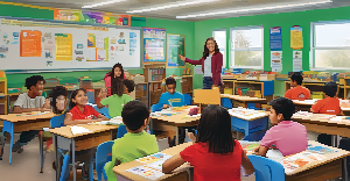 A classroom with students practicing role-playing to express different emotions, guided by a supportive teacher.