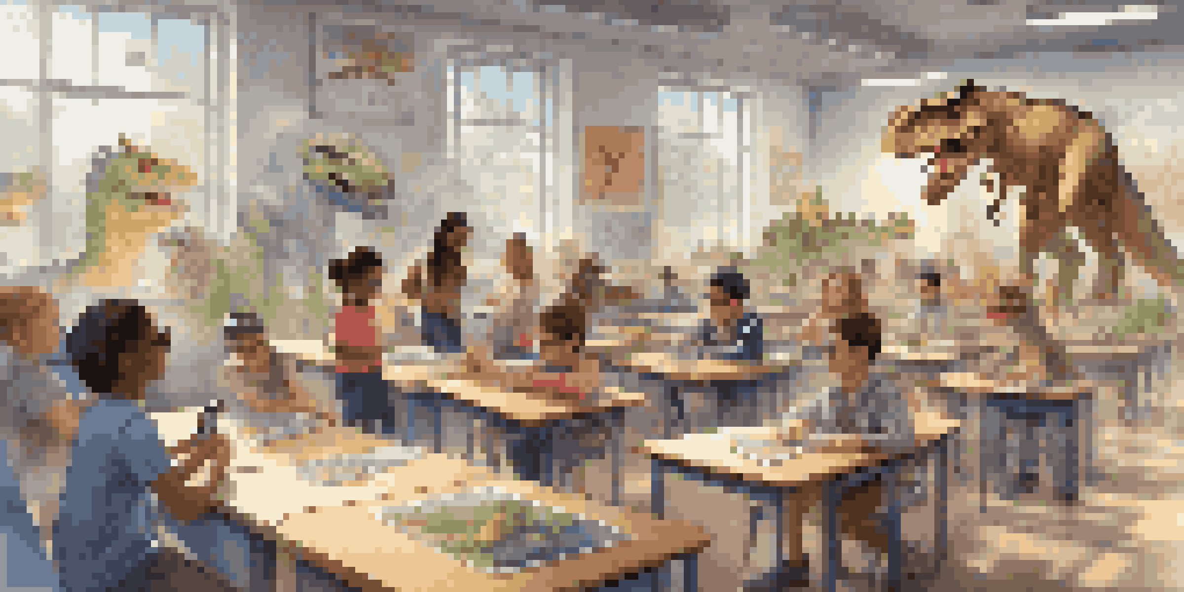 A diverse group of students in a classroom wearing augmented reality glasses, interacting with 3D holograms of dinosaurs, with educational posters on the walls and sunlight streaming through windows.