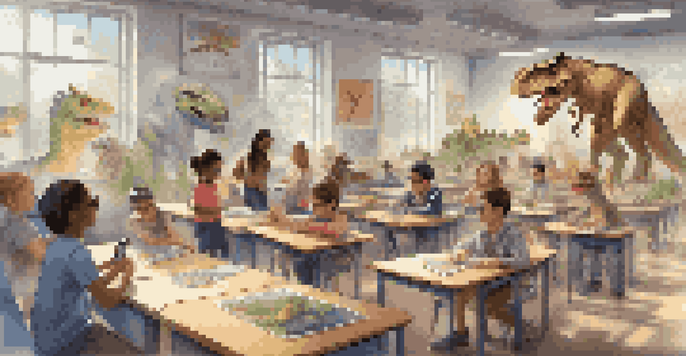 A diverse group of students in a classroom wearing augmented reality glasses, interacting with 3D holograms of dinosaurs, with educational posters on the walls and sunlight streaming through windows.