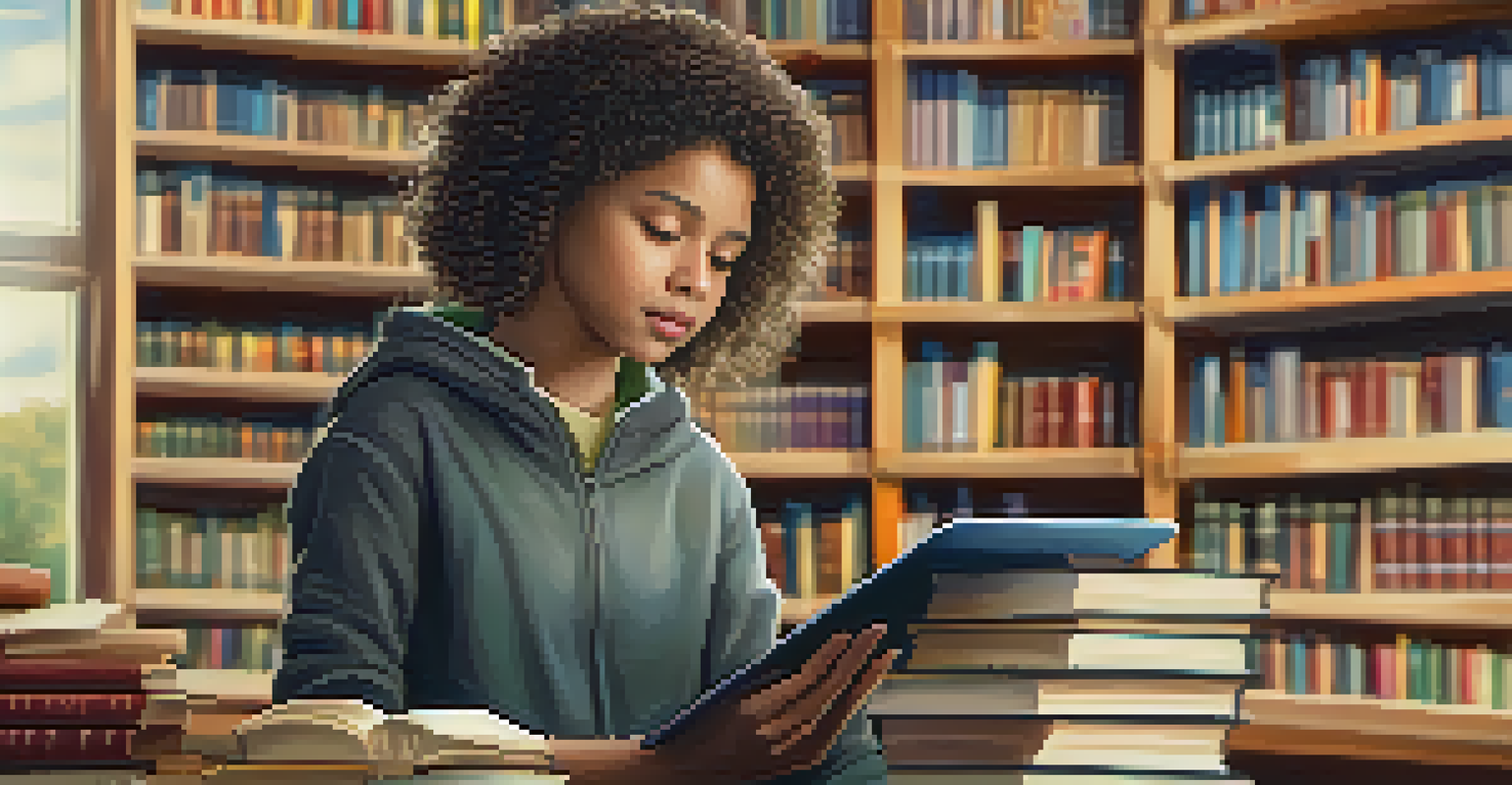 A young girl using a tablet in a school library, surrounded by books, highlighting the integration of technology in education.