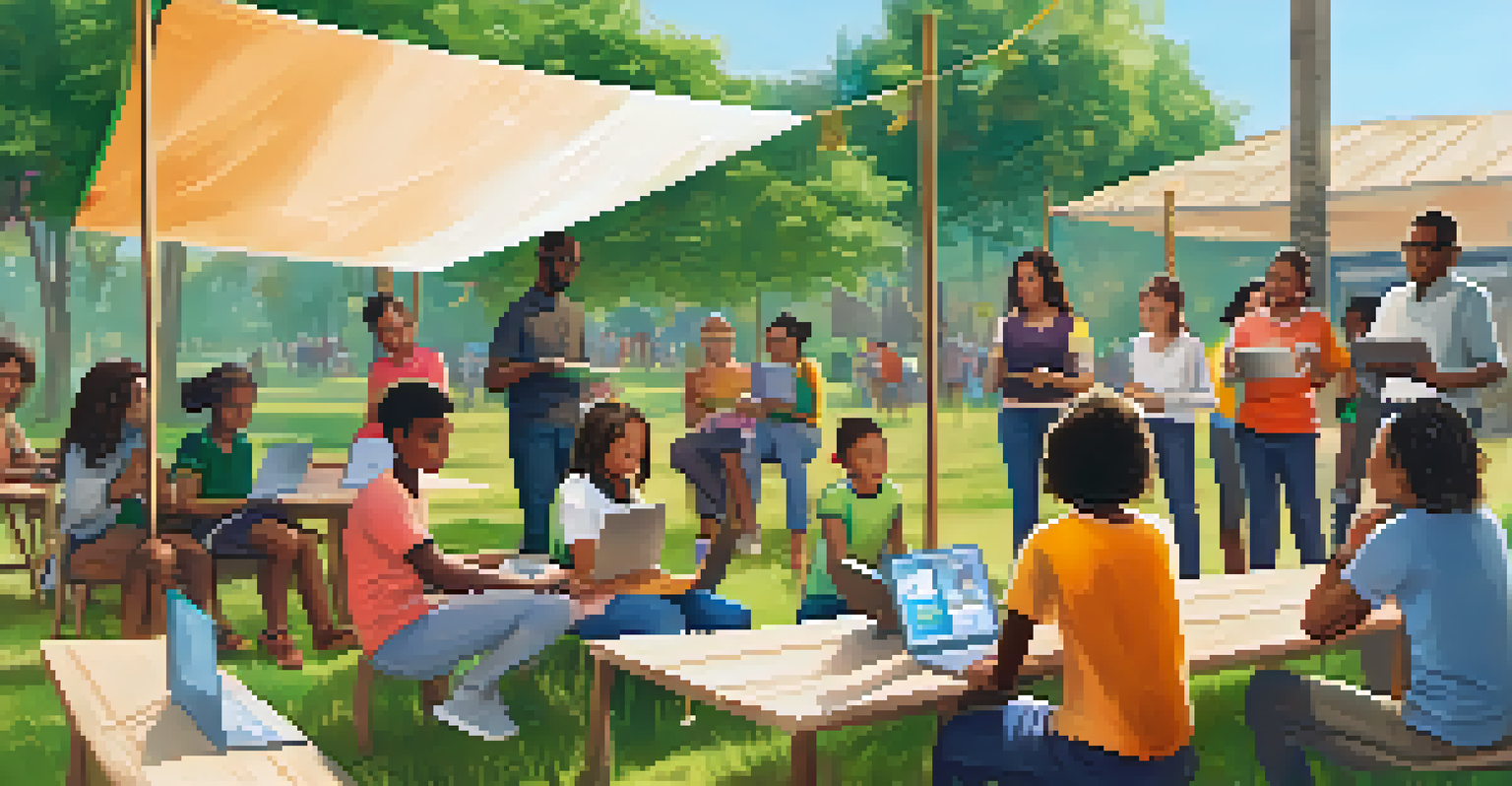 A community workshop outdoors, with people of different ages learning digital skills together, surrounded by greenery and colorful banners.