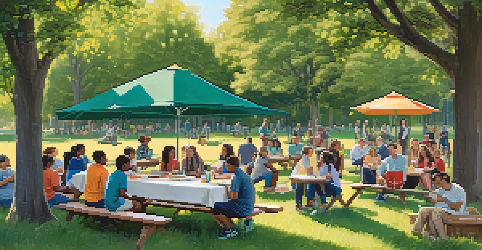A community meeting in a sunny park with parents, teachers, and students discussing educational policies at a picnic table, surrounded by trees.