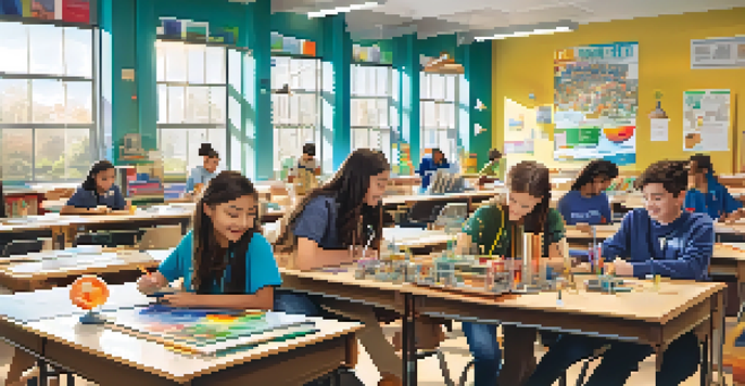 A diverse group of students working together on a STEM project in a bright classroom filled with science equipment and laptops.