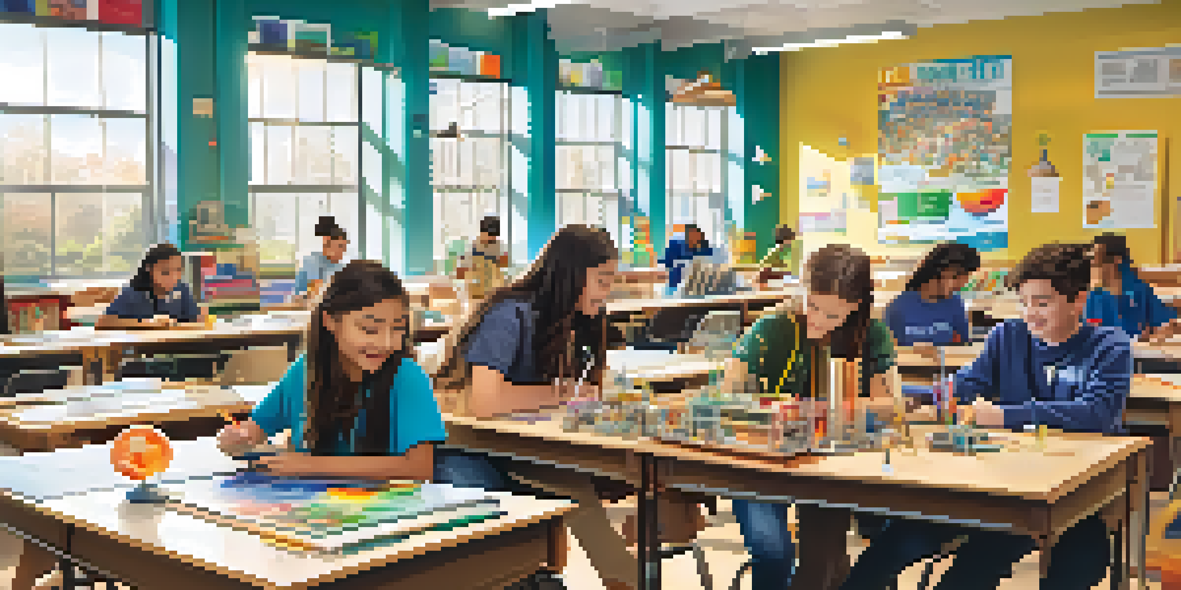 A diverse group of students working together on a STEM project in a bright classroom filled with science equipment and laptops.