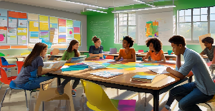 A modern classroom filled with diverse students working together at a large table, using laptops and notebooks, with sunlight illuminating the space.