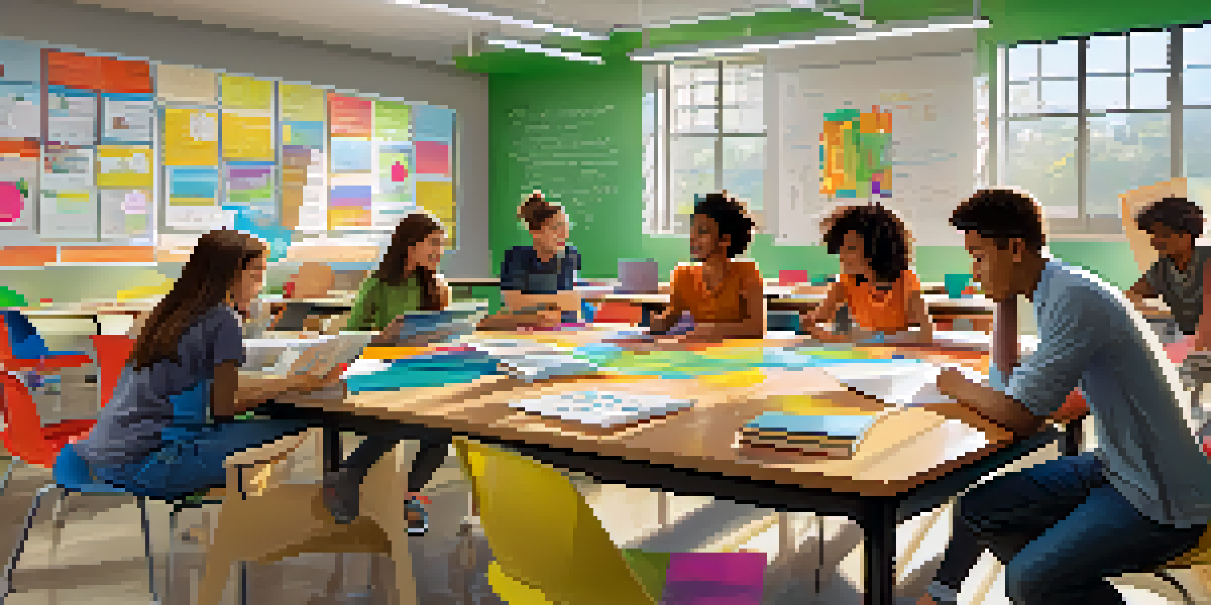A modern classroom filled with diverse students working together at a large table, using laptops and notebooks, with sunlight illuminating the space.