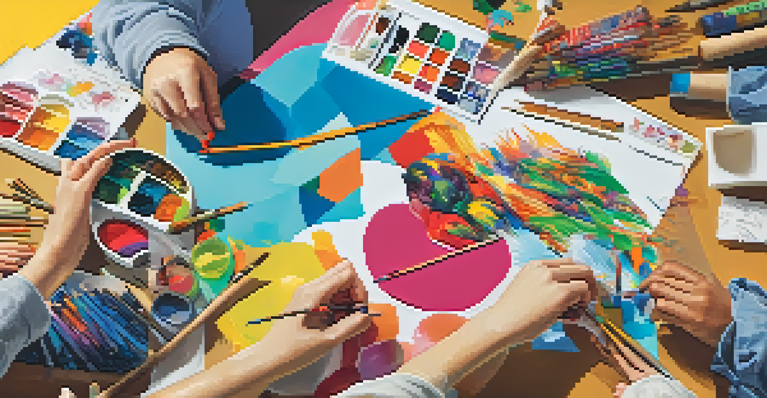 Hands of diverse students crafting an art project with cultural symbols and vibrant colors.