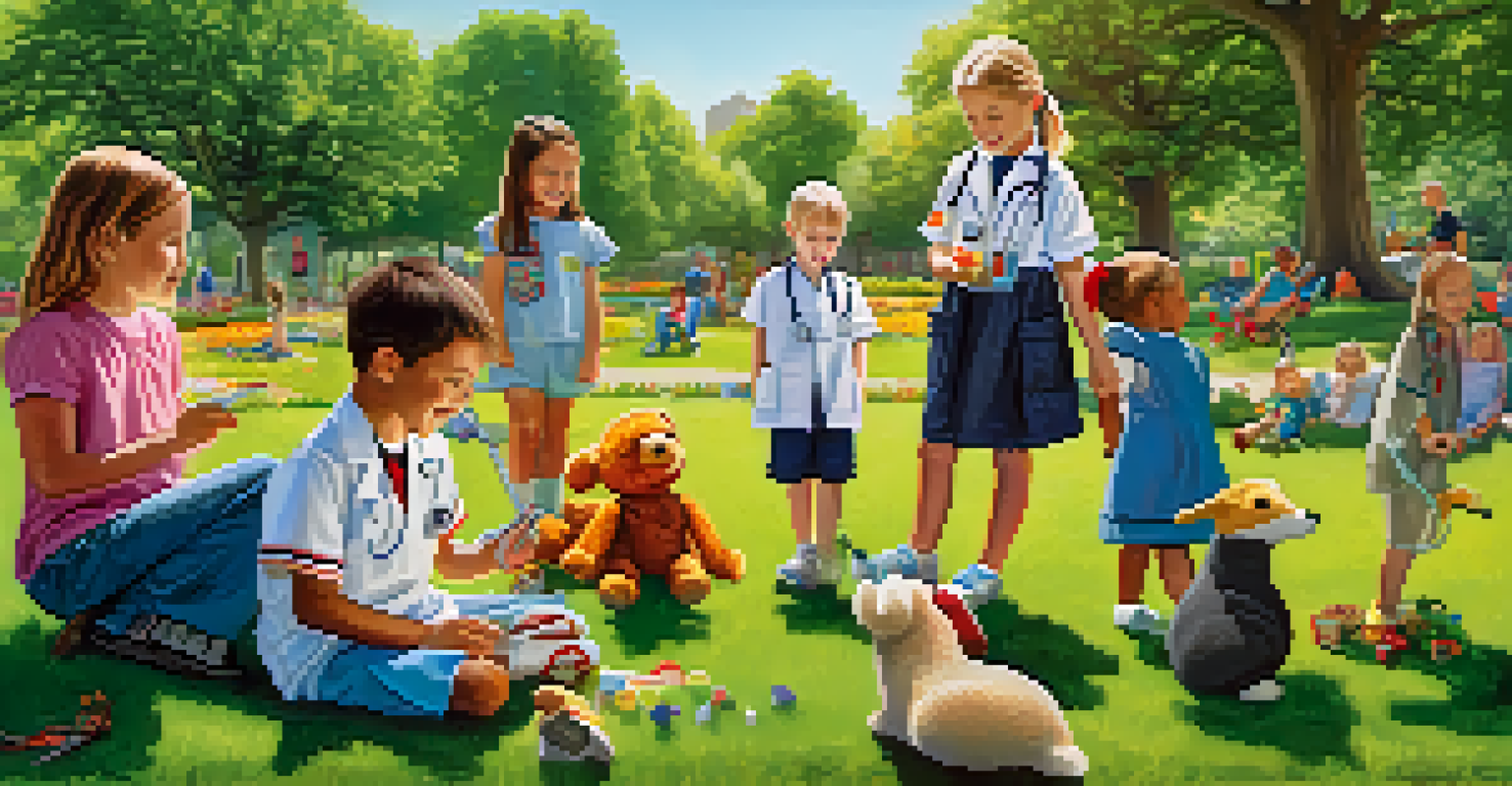 Children engaged in imaginative play in a park, with one child playing doctor and others pretending to be patients.