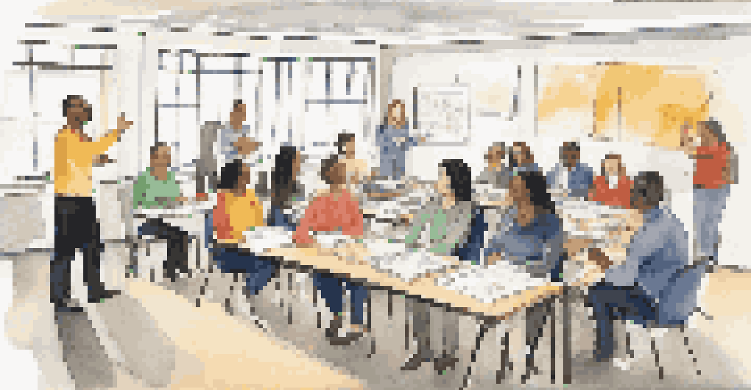 A diverse group of teachers engaged in a workshop on emotional intelligence, practicing role-playing scenarios in a bright room.