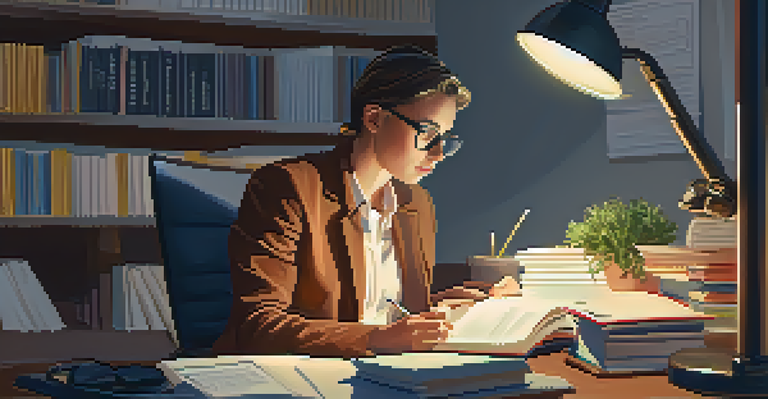 An adult learner sitting at a desk with books and a laptop, reflecting on problem-solving in a warm, focused light.