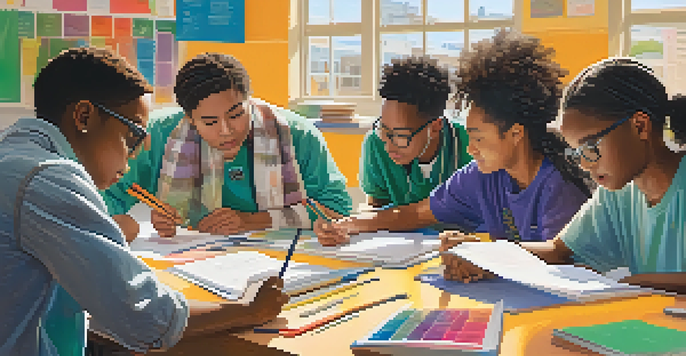 A diverse group of students collaborating on a STEM project in a bright classroom, surrounded by educational materials.