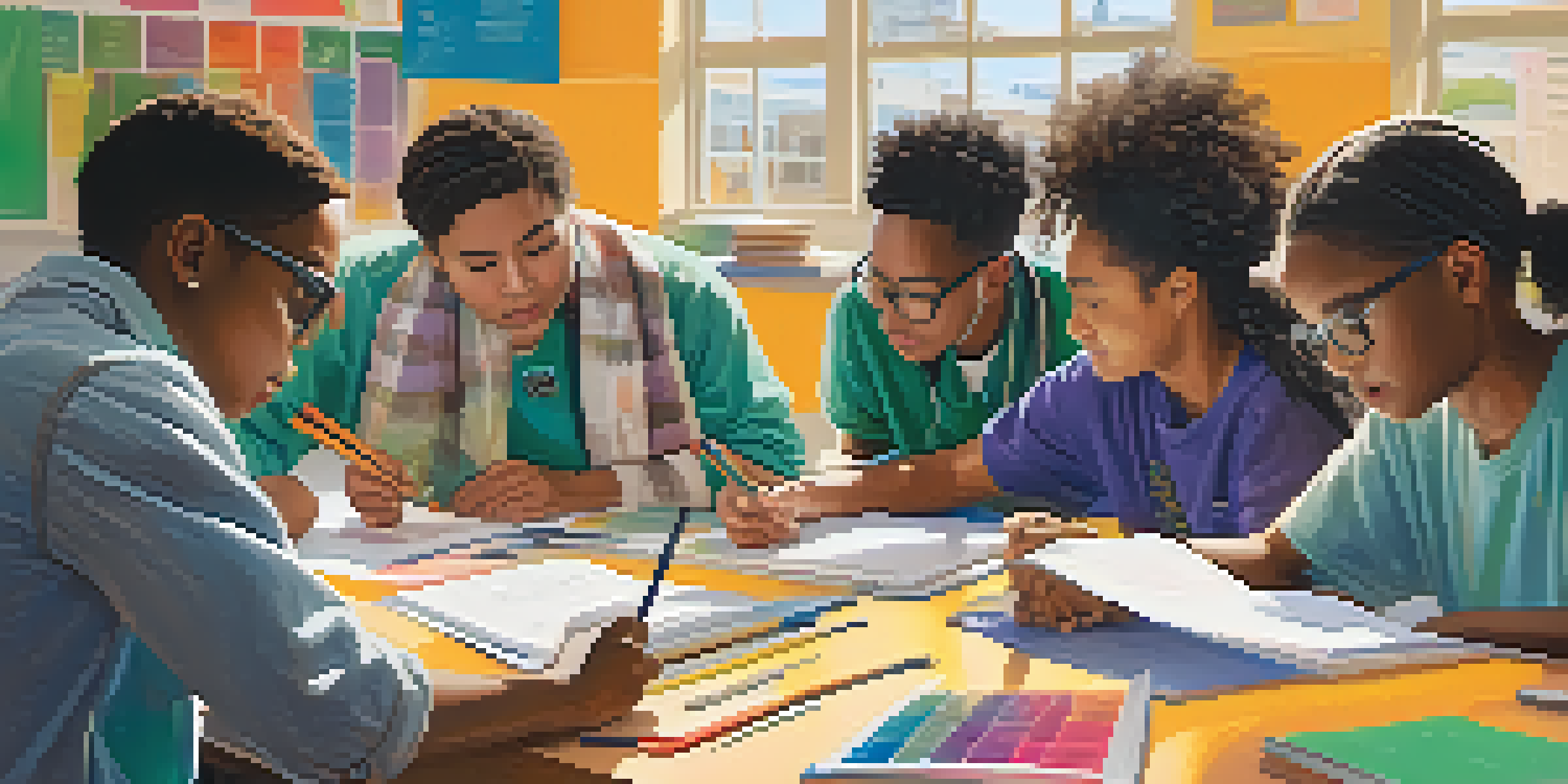 A diverse group of students collaborating on a STEM project in a bright classroom, surrounded by educational materials.