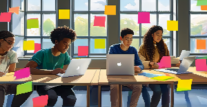 A diverse group of students in a bright virtual classroom, collaborating and evaluating each other's work on laptops, with colorful sticky notes and digital tablets visible.