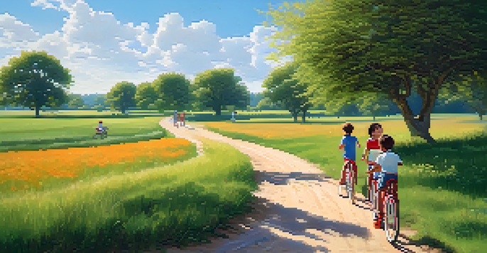 A peaceful landscape with children riding bicycles on a dirt path in a green field under a clear blue sky.