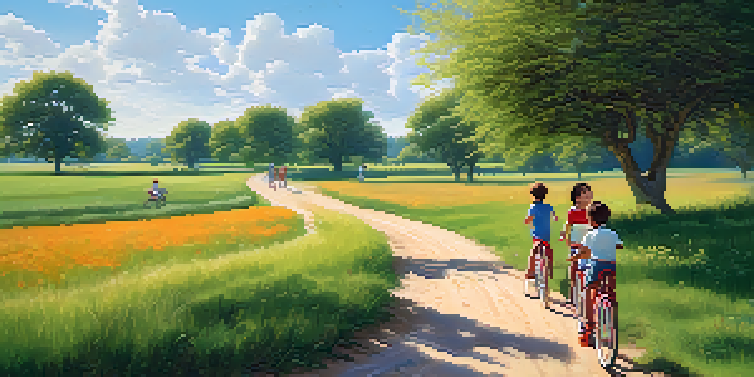 A peaceful landscape with children riding bicycles on a dirt path in a green field under a clear blue sky.