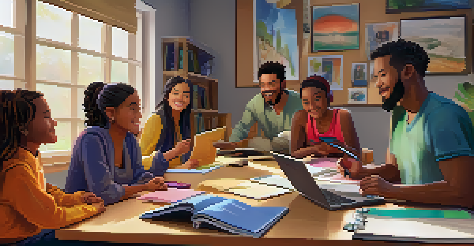 An instructor animatedly sharing a personal story in an online learning session, with engaged students taking notes in a vibrant setting.