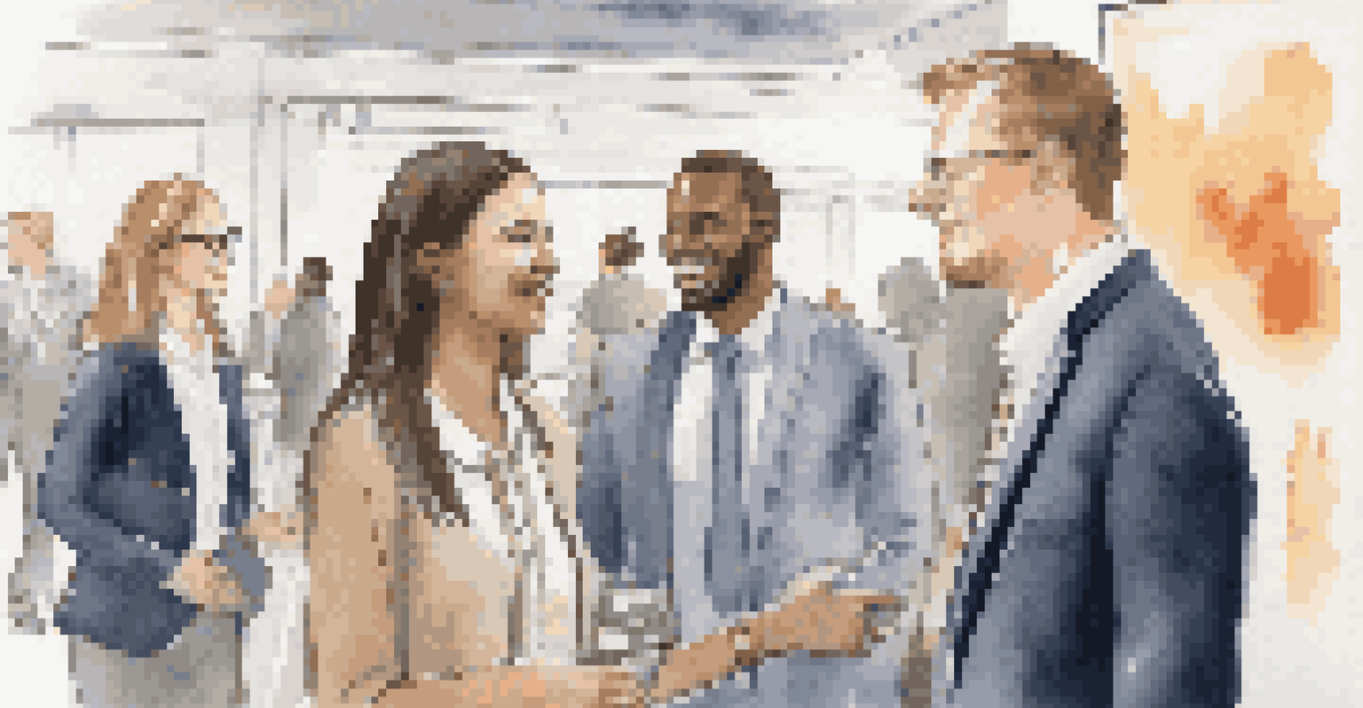 A mentor introducing a student to professionals at a networking event. The atmosphere is lively with people interacting.