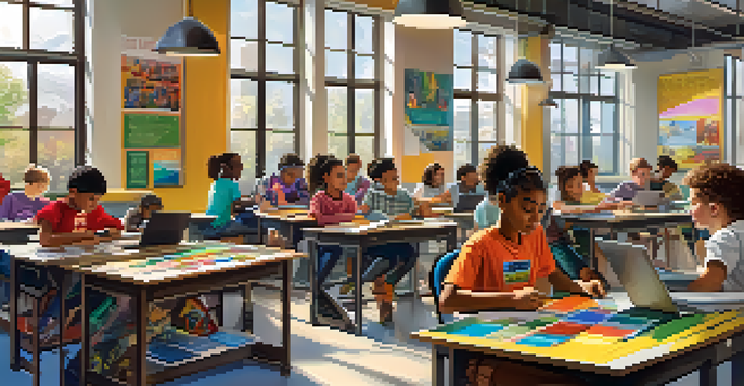 A diverse group of students in a bright classroom working on robotics and coding projects, surrounded by educational posters and natural light.