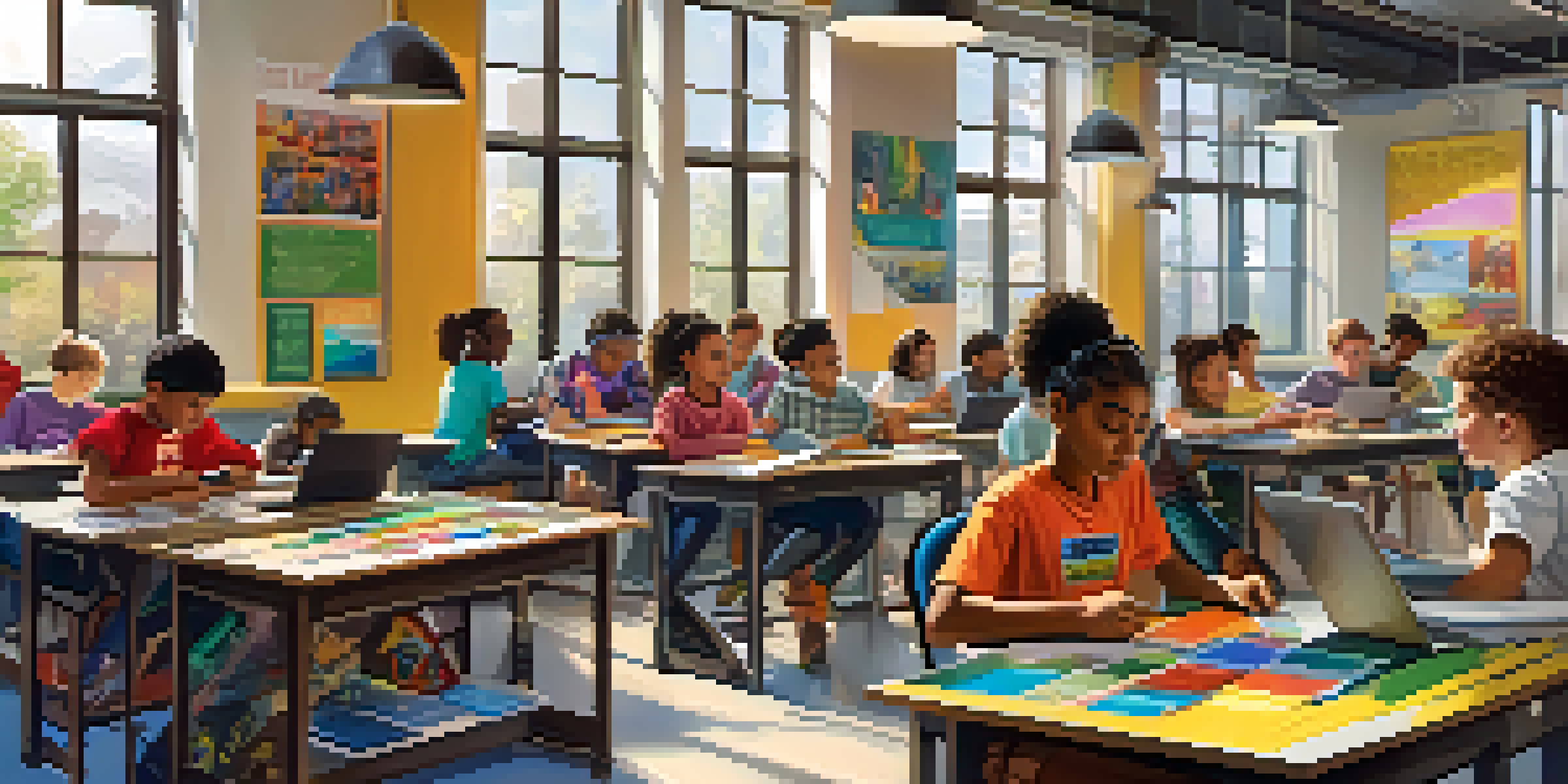 A diverse group of students in a bright classroom working on robotics and coding projects, surrounded by educational posters and natural light.