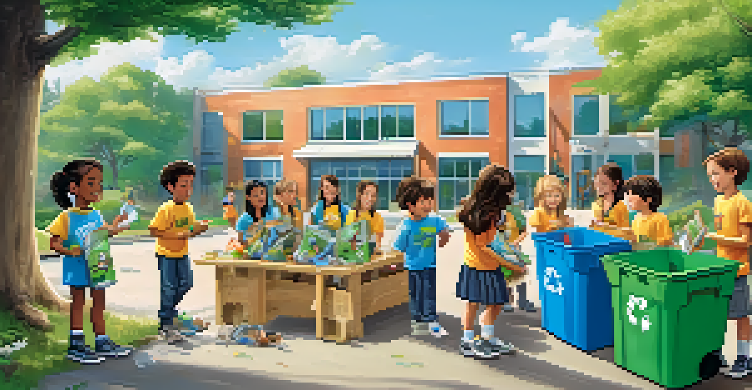 Students working together on a recycling project outdoors, emphasizing collaboration and environmental awareness.