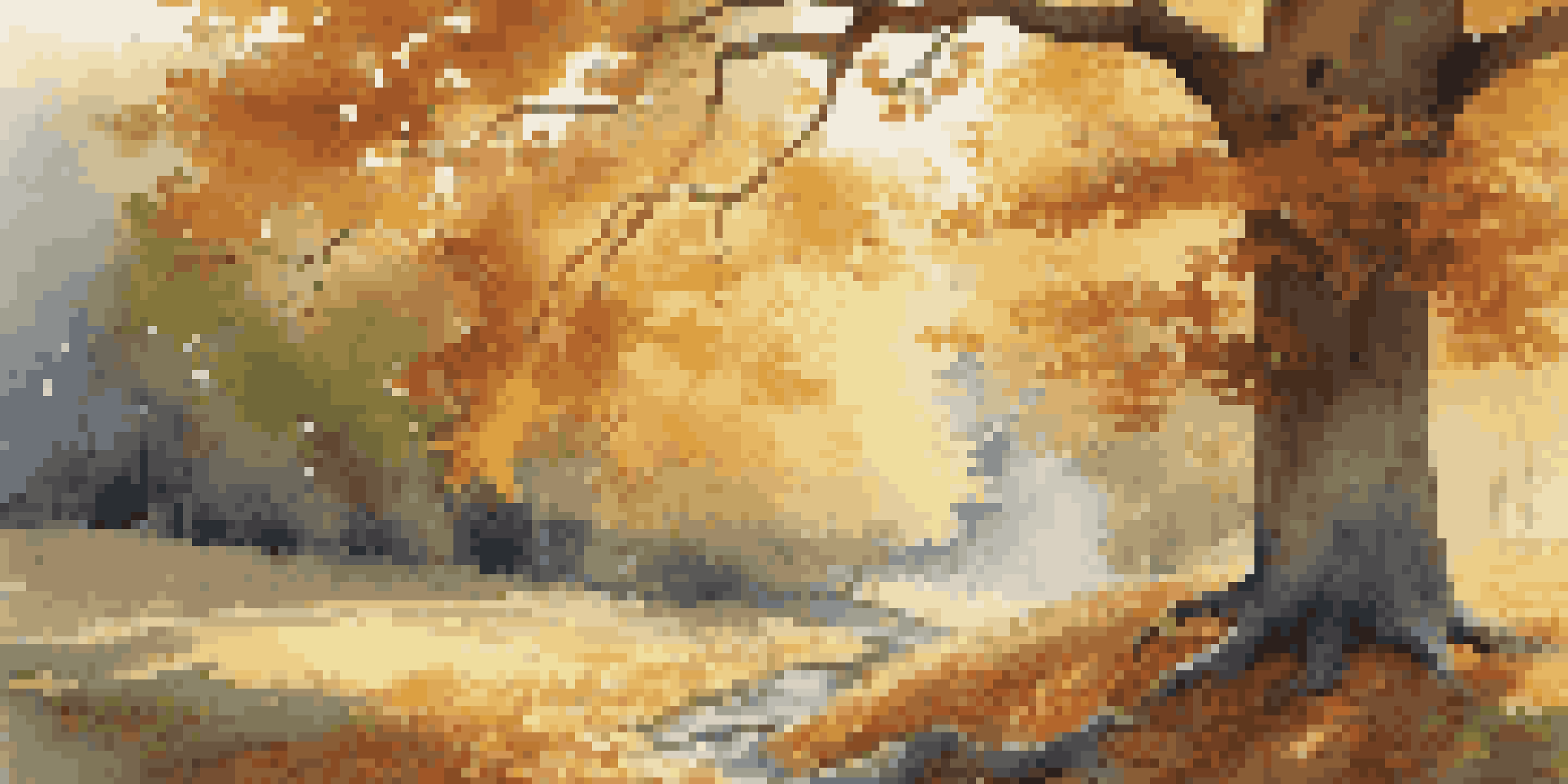 A tall oak tree in a colorful autumn forest with sunlight filtering through the branches and a stream nearby.
