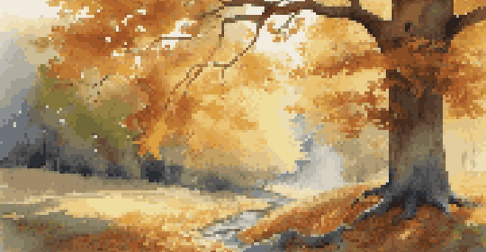 A tall oak tree in a colorful autumn forest with sunlight filtering through the branches and a stream nearby.