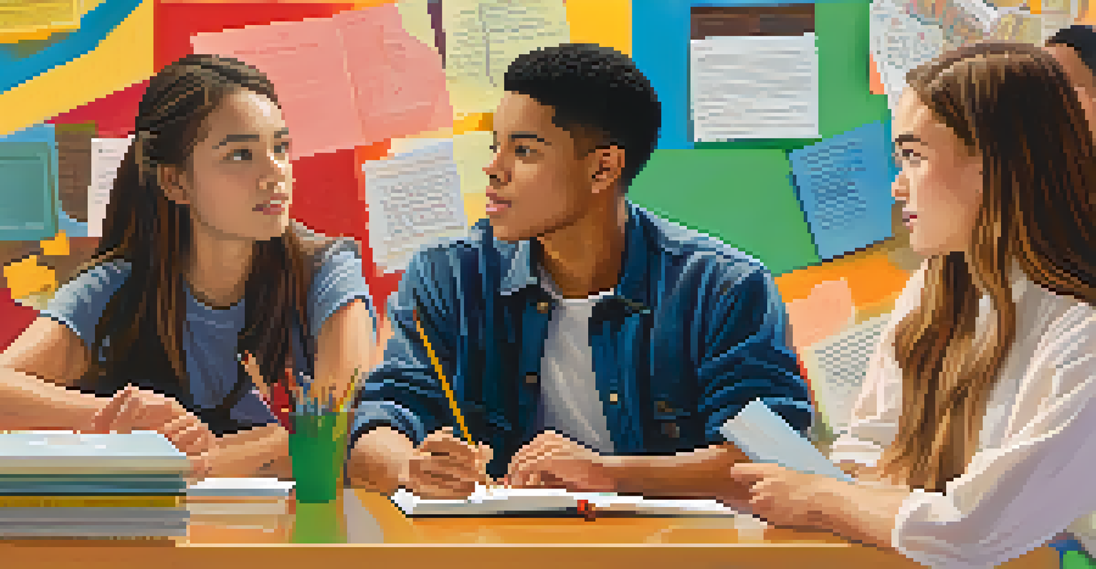 Two students discussing ideas with one pointing at a notebook, set against a colorful bulletin board in a warm classroom.