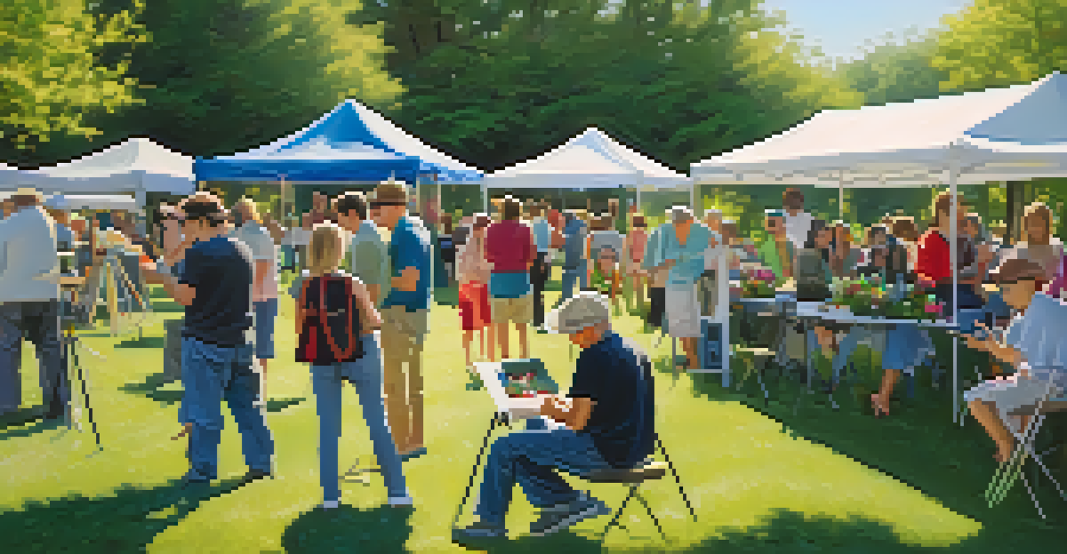 An outdoor community event with tents, people learning photography, and an instructor demonstrating techniques in a sunny park.