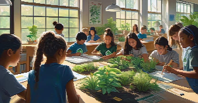 A bright classroom filled with students working on a sustainability project, with plants and recycled materials around them, and sunlight coming through the windows.