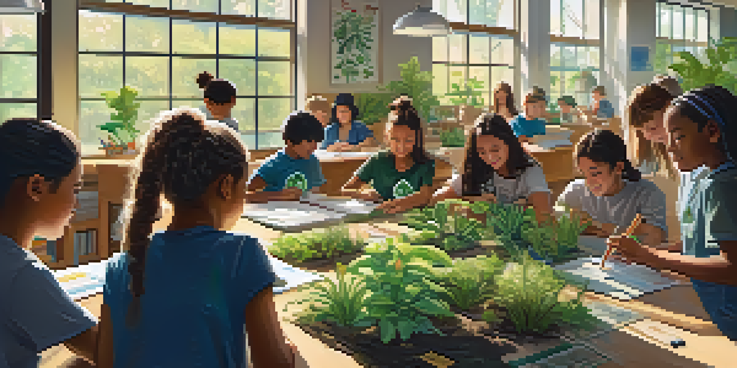A bright classroom filled with students working on a sustainability project, with plants and recycled materials around them, and sunlight coming through the windows.