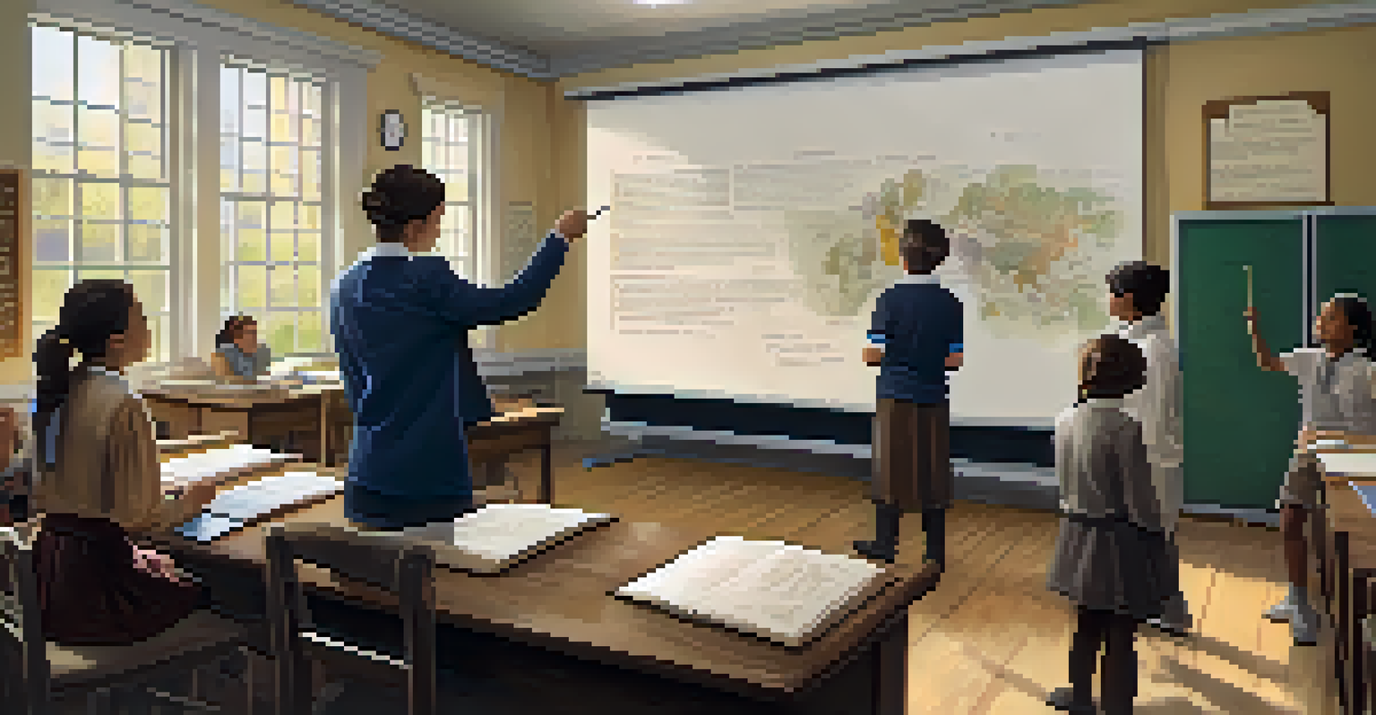 A teacher helping students with a historical inquiry project, surrounded by historical artifacts and a timeline on the board.