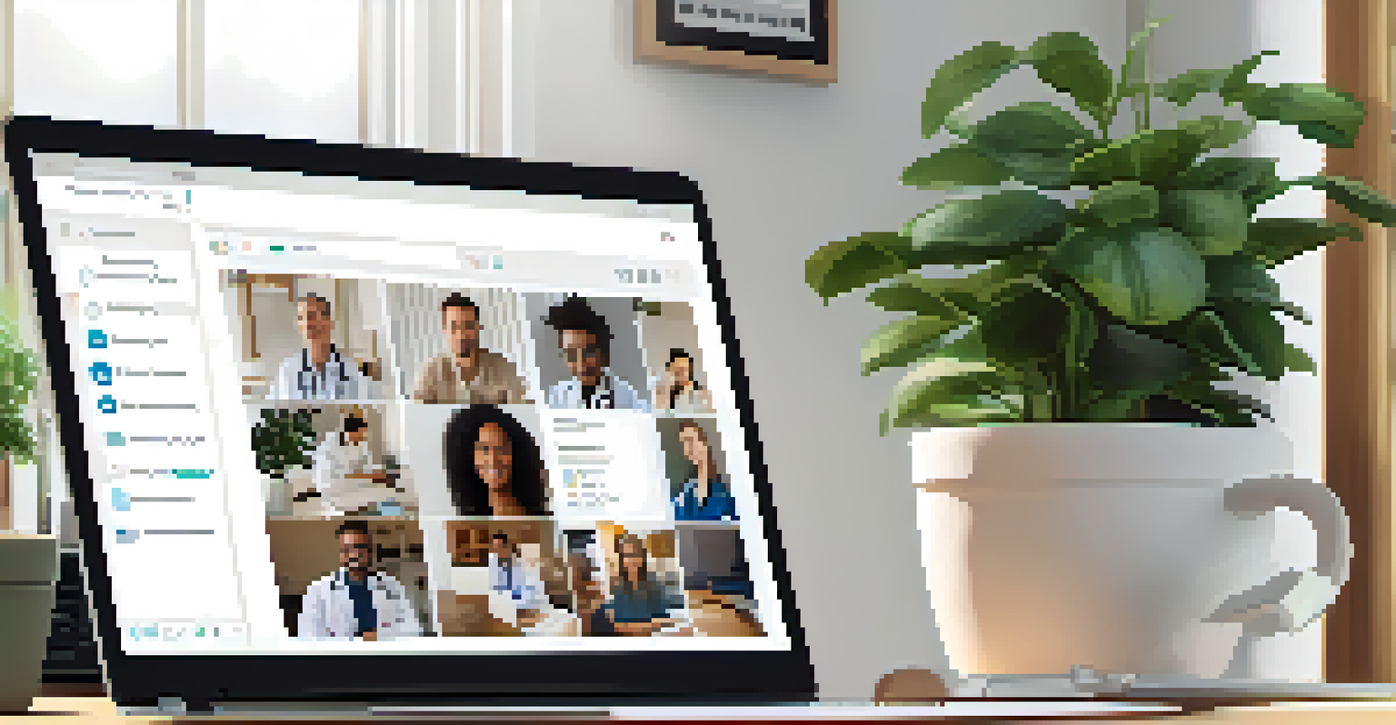 A laptop screen displaying a group chat among healthcare professionals sharing updates during a public health crisis in a cozy home office.