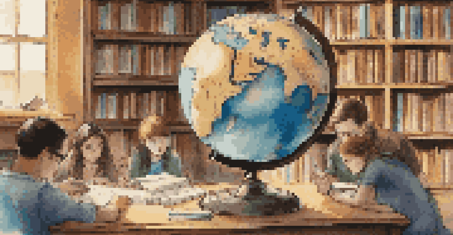 Students in a library closely examining a globe, surrounded by books and technology, highlighting their engagement in global learning.