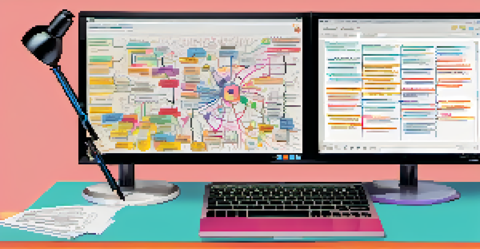 Close-up of a computer screen showing a mind map being created with colorful connections and a hand using a stylus.