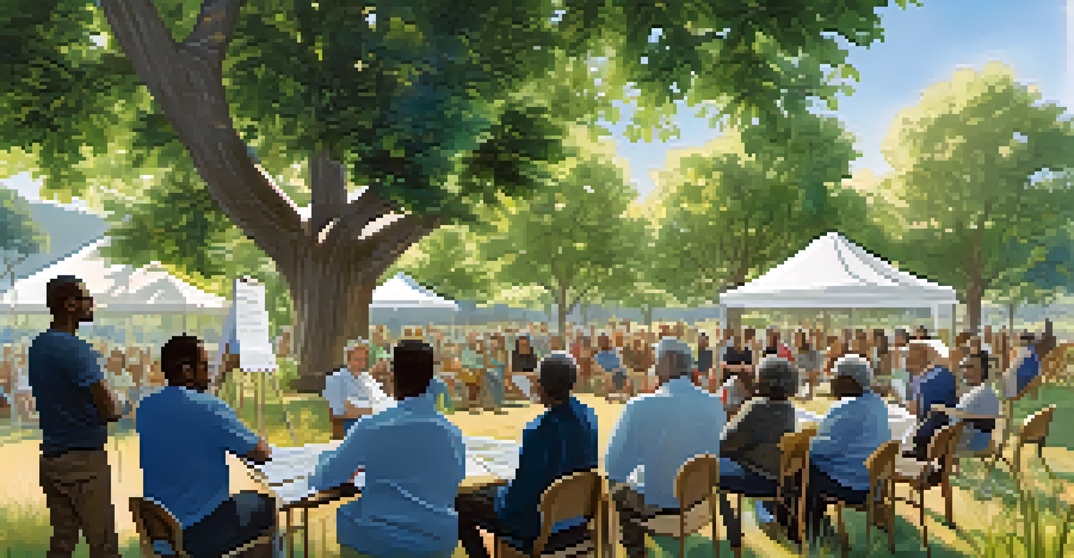 A community meeting where diverse residents discuss sustainability initiatives in an outdoor setting.