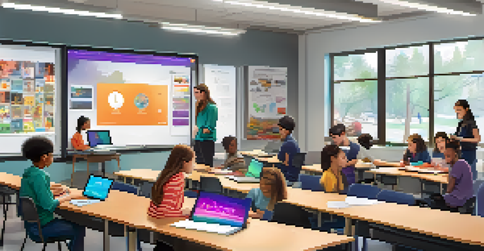 A diverse group of students in a bright classroom, actively engaging with video content on their devices.