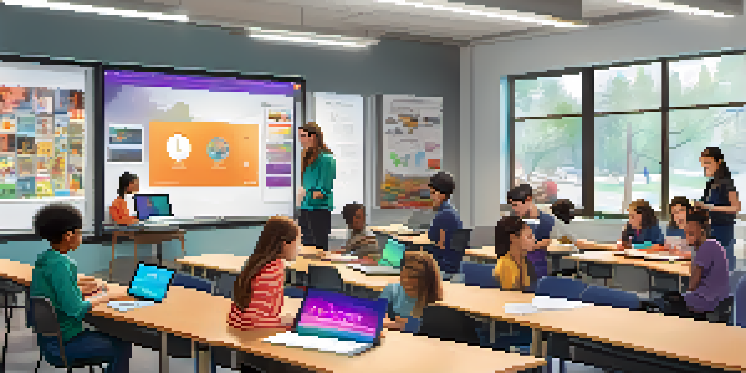 A diverse group of students in a bright classroom, actively engaging with video content on their devices.