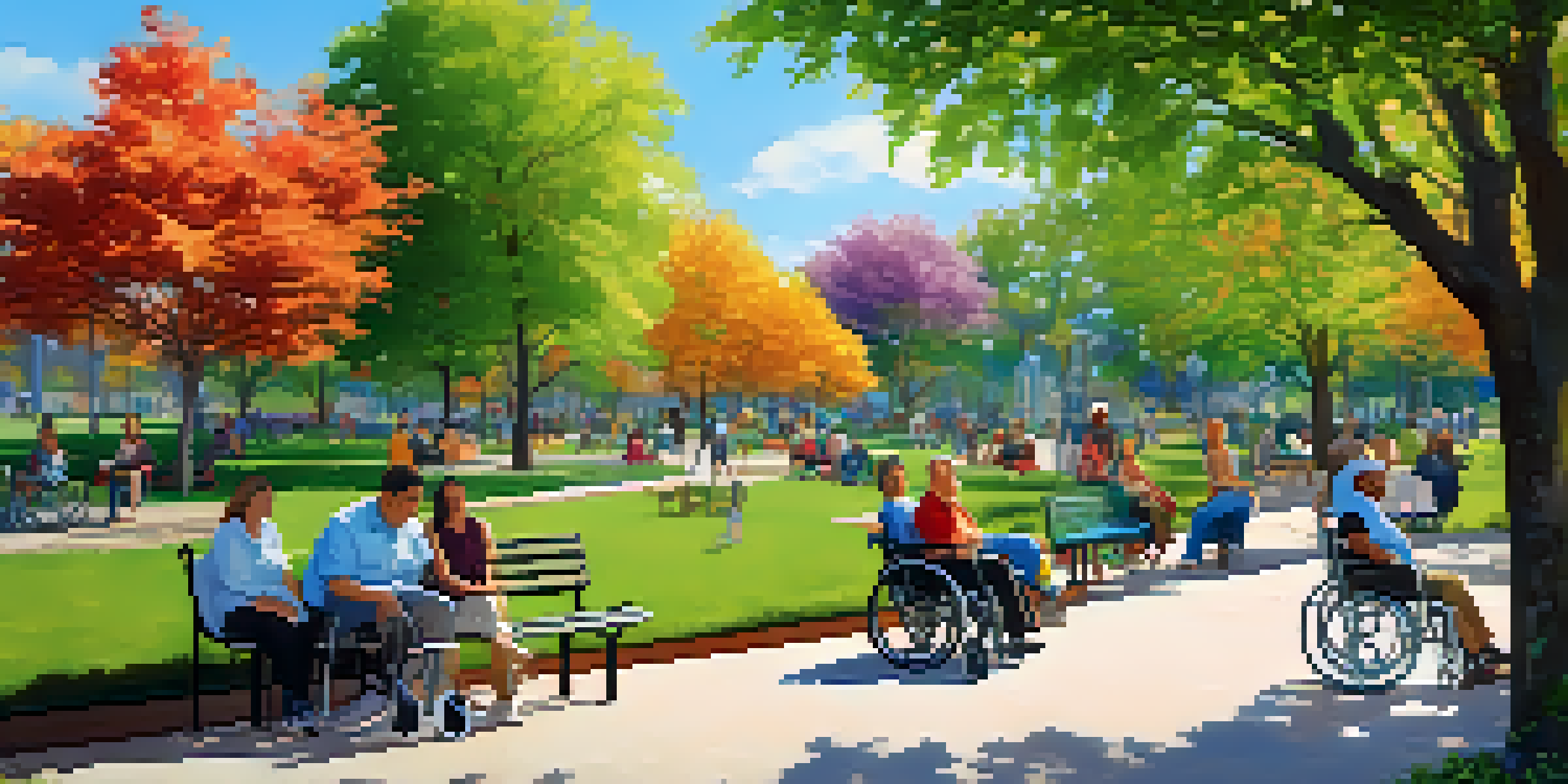 A lively community park with diverse individuals engaging in activities, wide pathways for wheelchairs, and colorful benches of different heights surrounded by greenery.