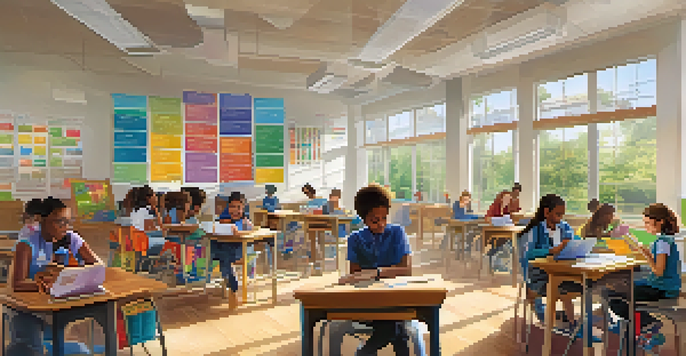 A diverse group of students in a bright classroom, actively engaged in personalized learning with various materials and colorful educational posters.