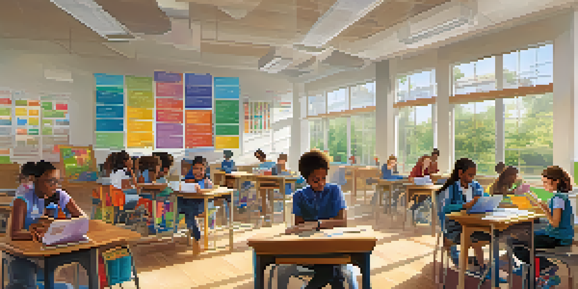 A diverse group of students in a bright classroom, actively engaged in personalized learning with various materials and colorful educational posters.