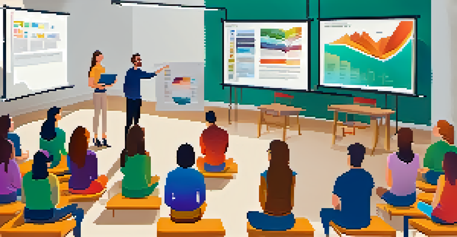 An instructor presenting to an engaged audience in a colorful classroom setting.