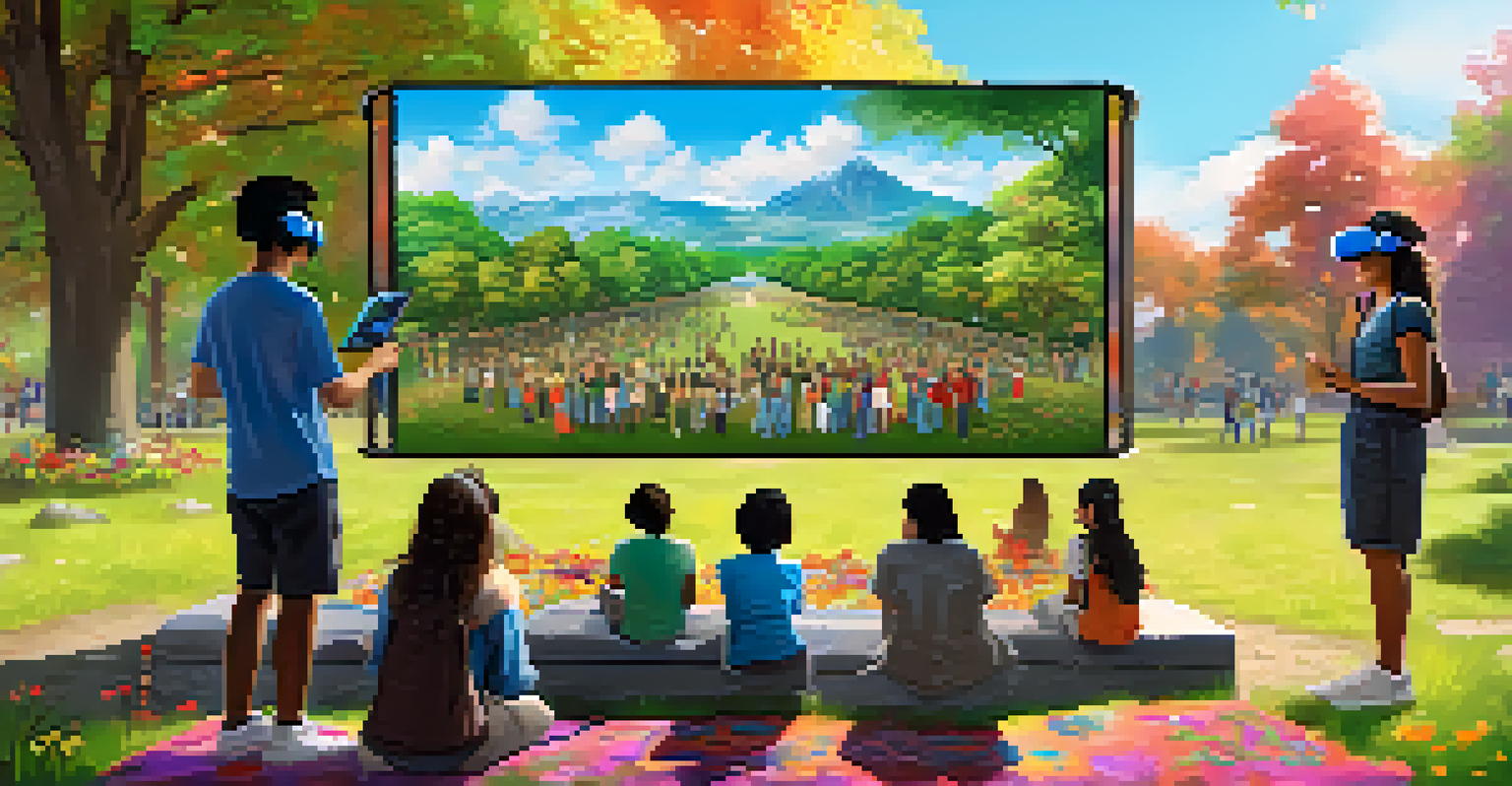 Students in a park using virtual reality headsets to explore different cultures, with a large screen showing diverse landscapes.