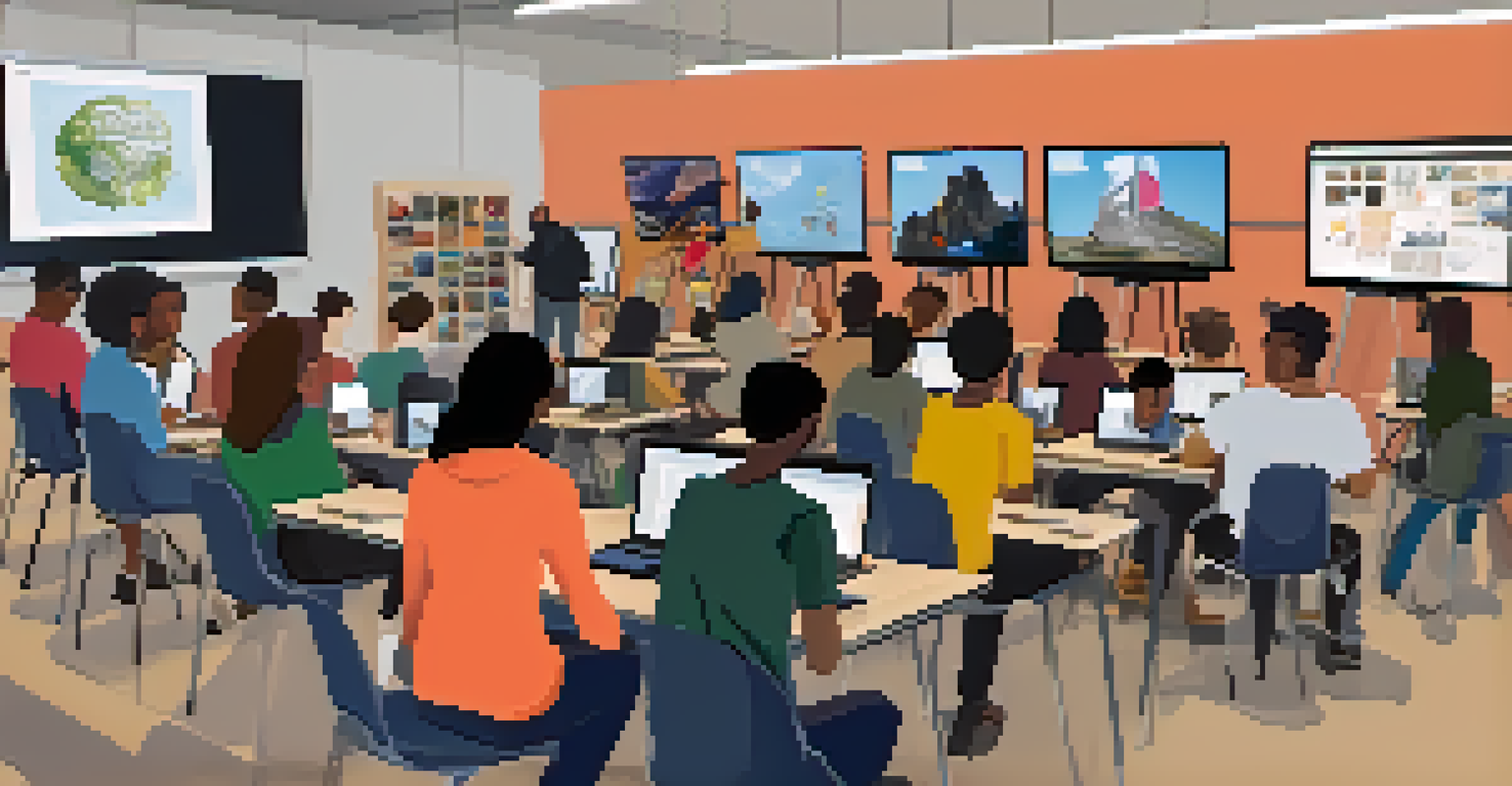 Students participating in a digital storytelling workshop, using technology to create multimedia narratives in a modern classroom environment.