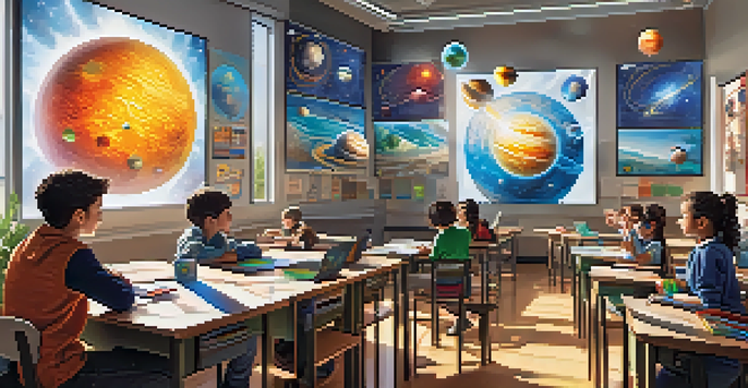 Students in a classroom using augmented reality glasses to view a holographic model of the solar system, surrounded by educational materials and bright sunlight.