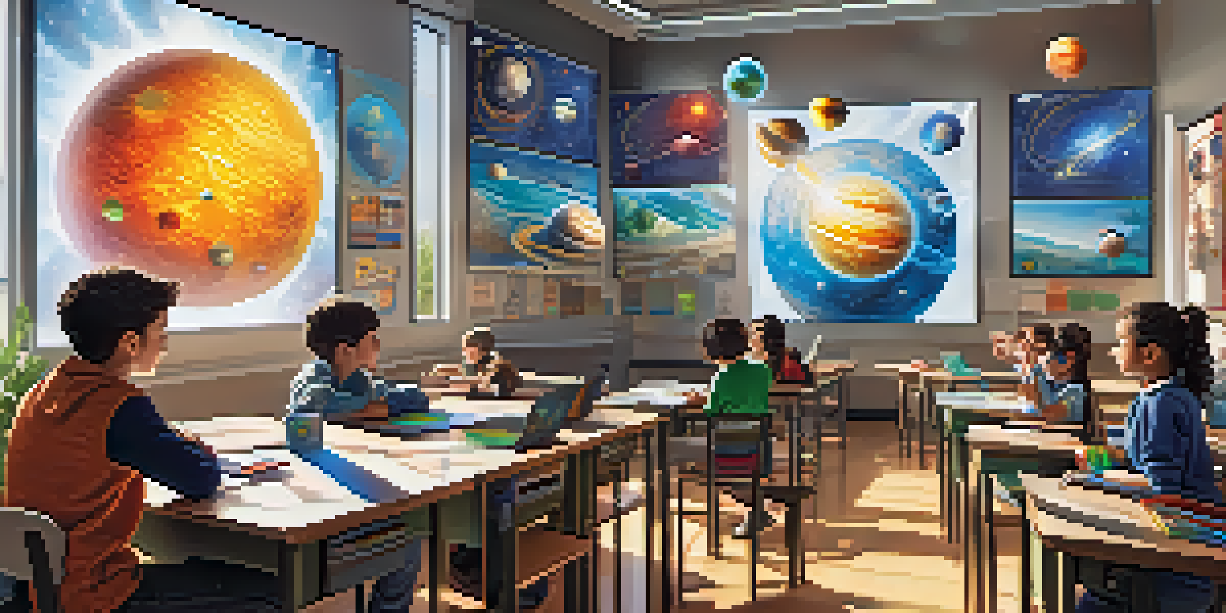 Students in a classroom using augmented reality glasses to view a holographic model of the solar system, surrounded by educational materials and bright sunlight.